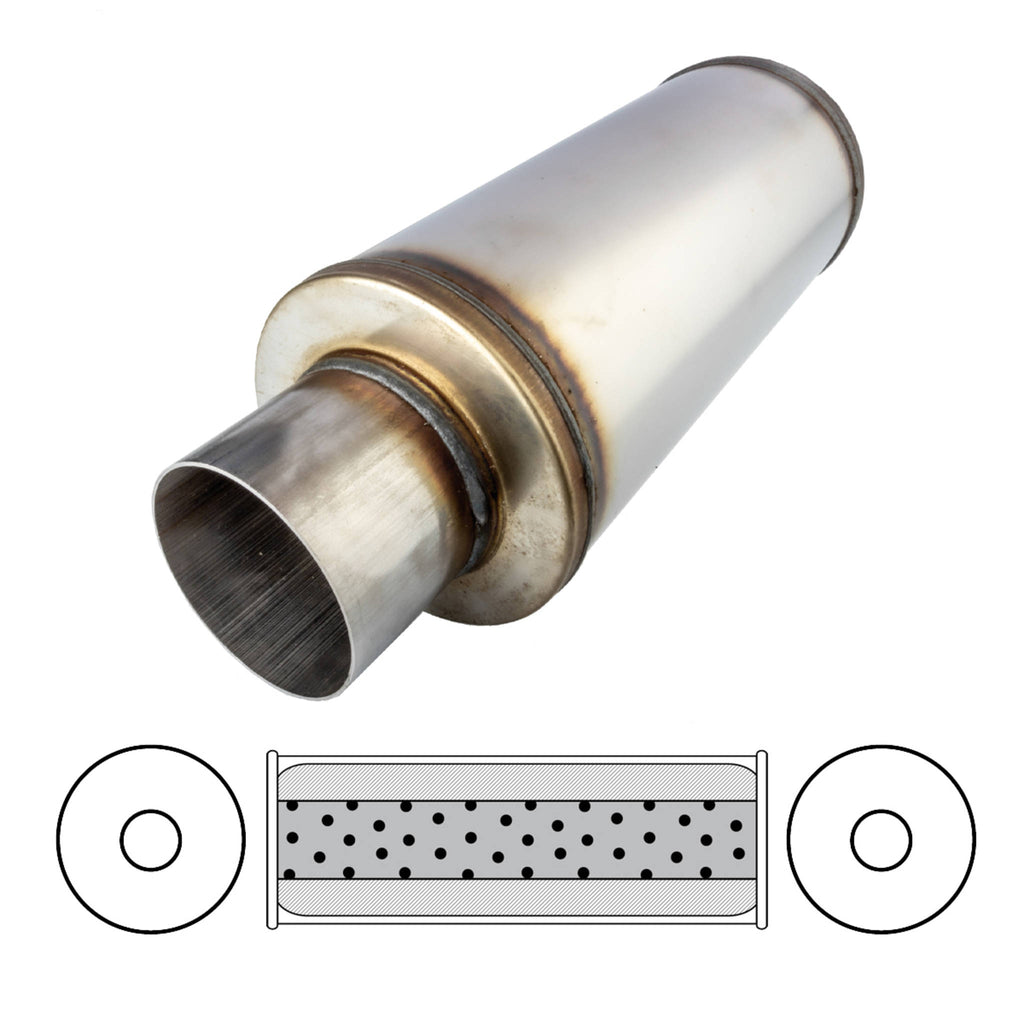 6" Round, 14" Long, 3 1/2", C/C, Mega Power, 409 Stainless