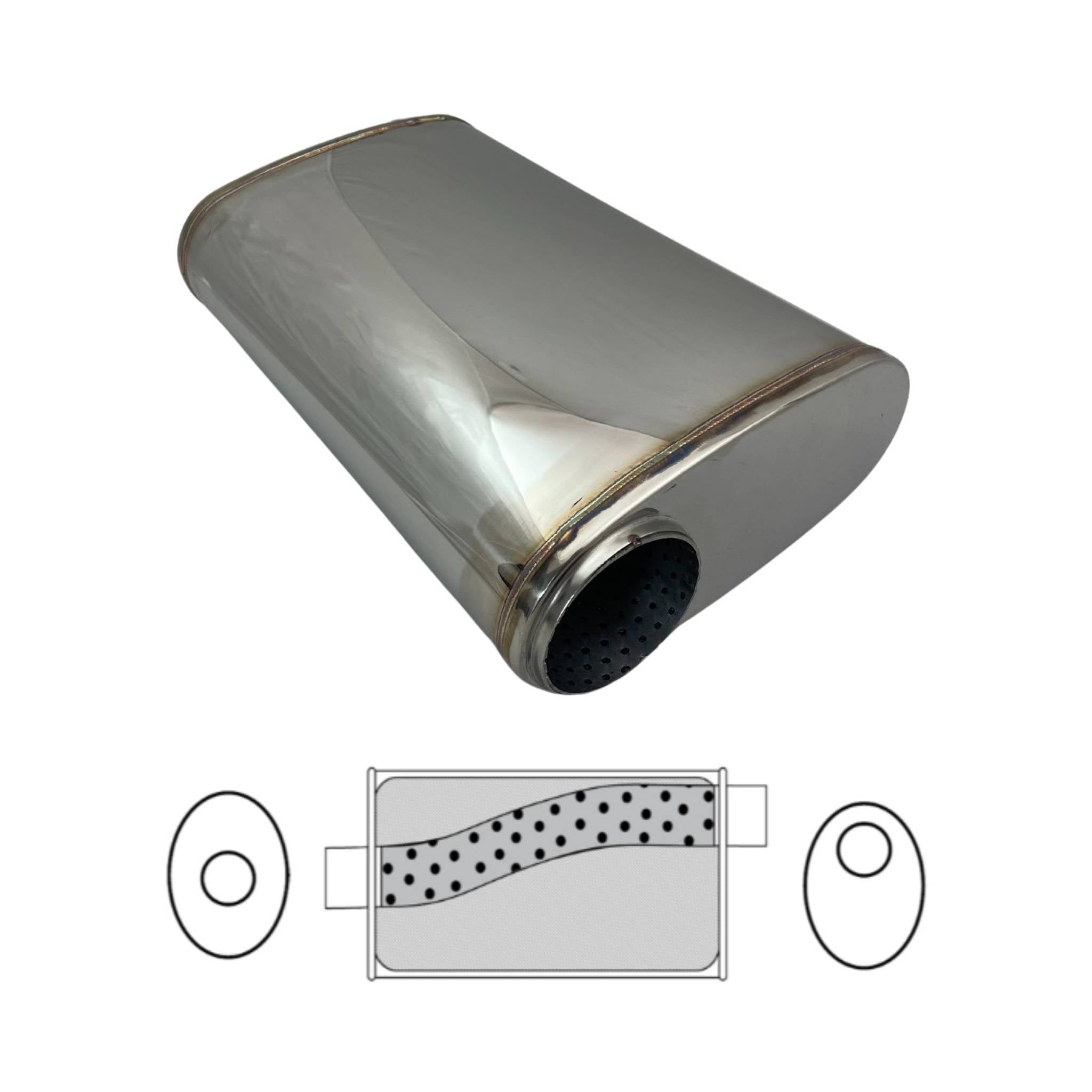 3" Stainless Steel Polished Performance Exhaust Muffler - 9 x 4" Oval, 14" Long, Offset/Centre