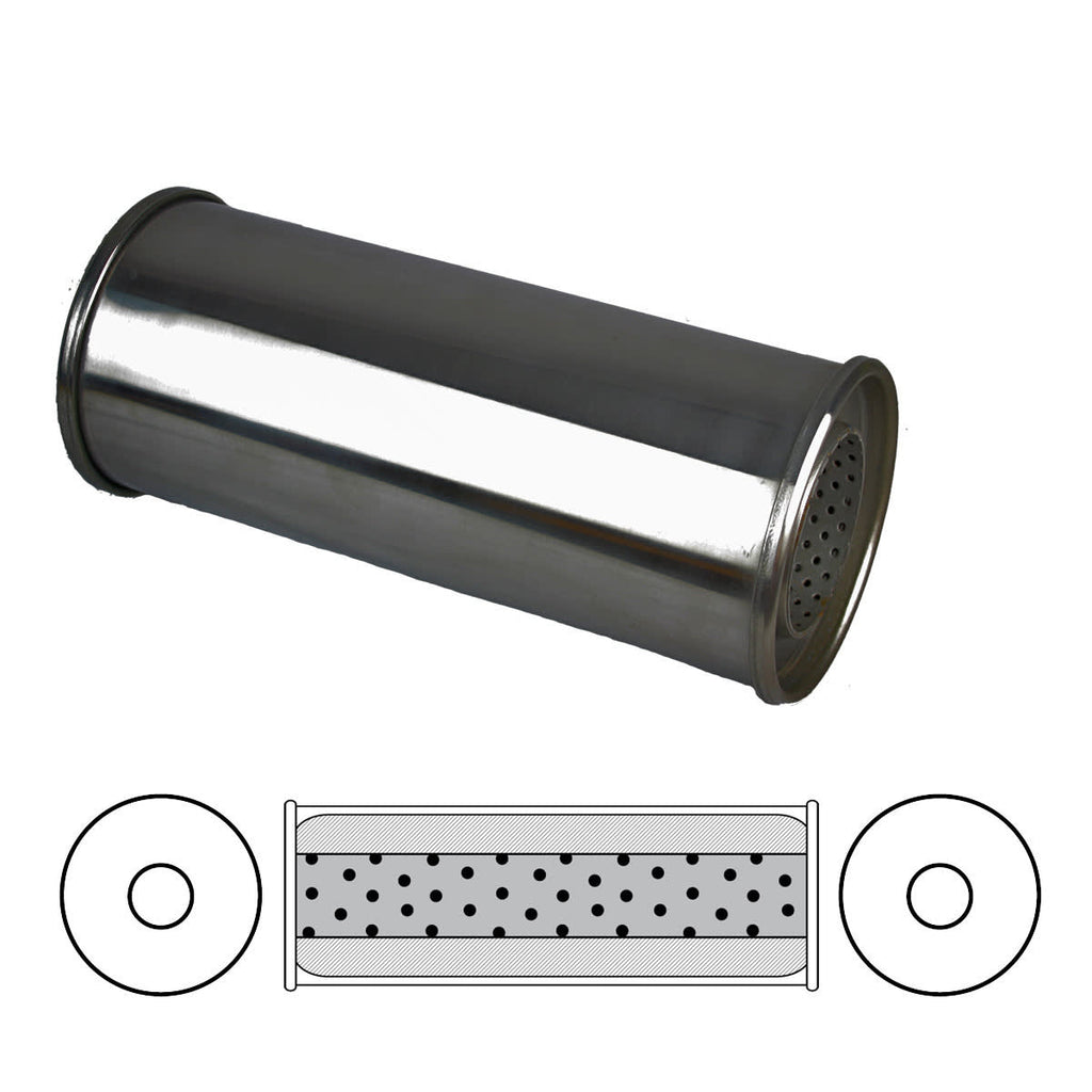 Redback Resonator 5" Round 3" Inlet 12" Long 304 Polished Stainless