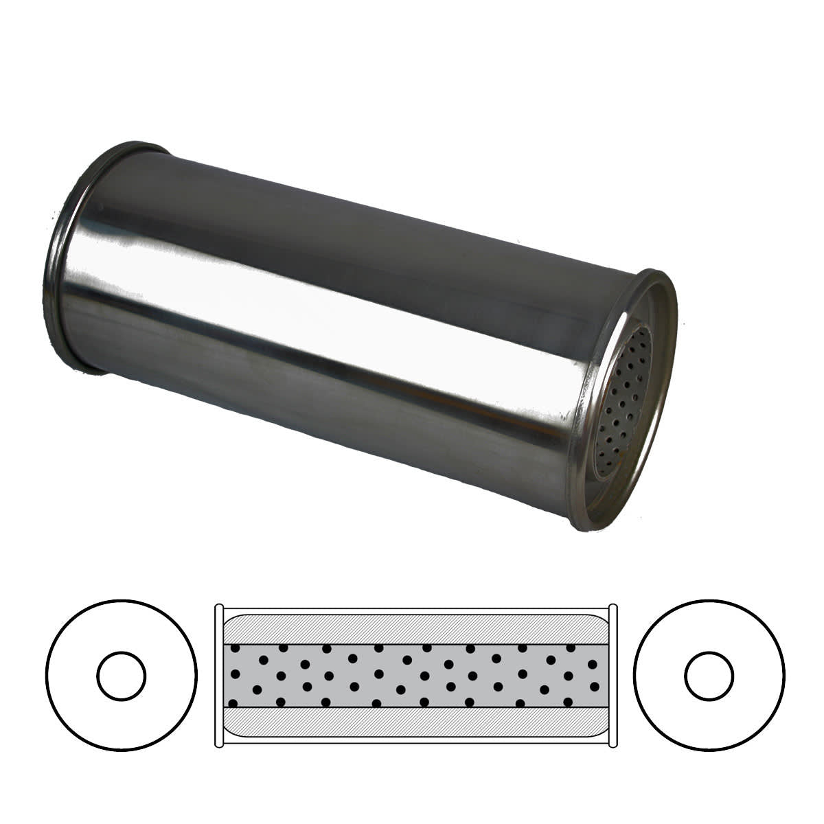 Redback Resonator 5" Round 3" Inlet 12" Long 304 Polished Stainless
