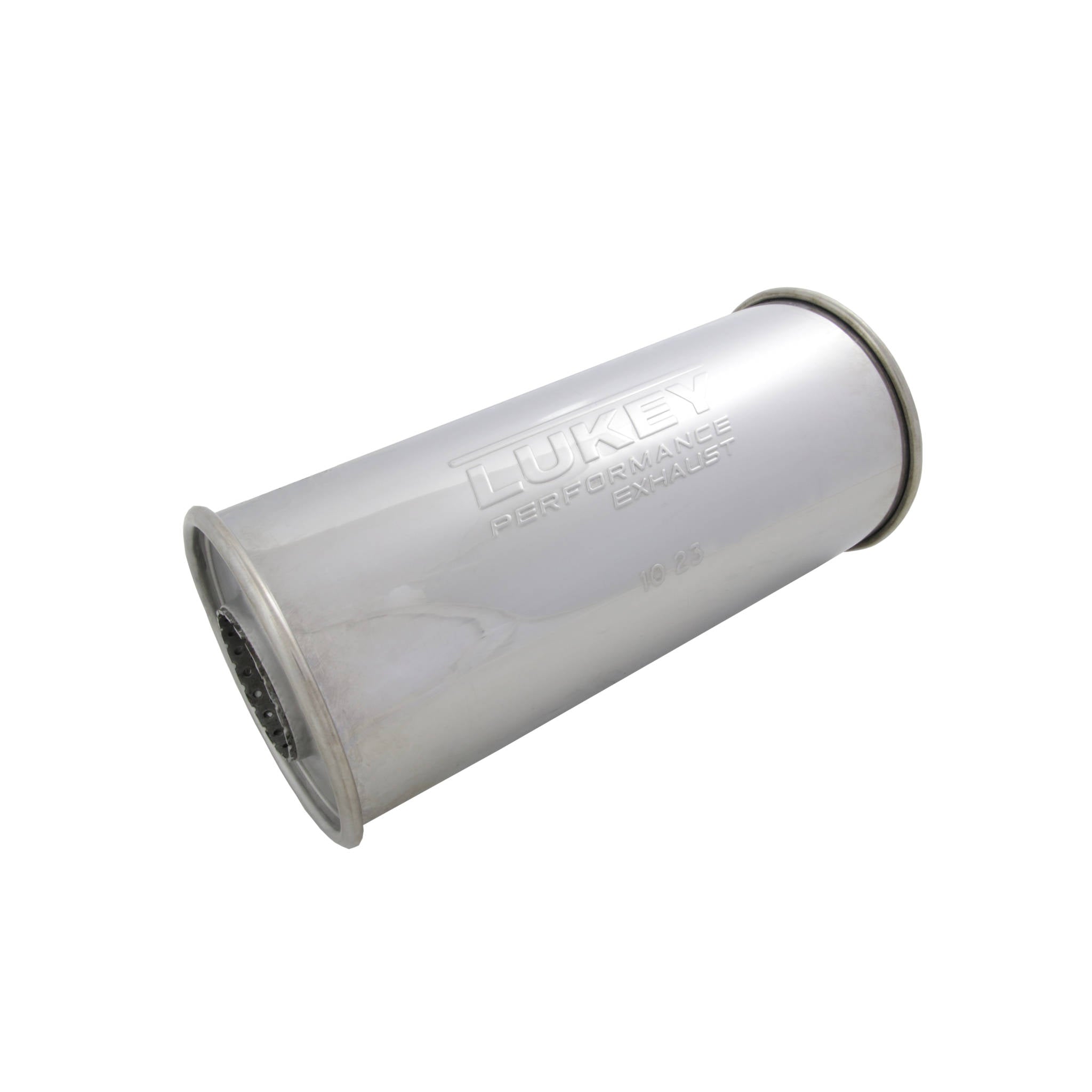 2.25" Inlet 5" Round 12" Long Megaflow Lukey Muffler 430 Stainless Steel