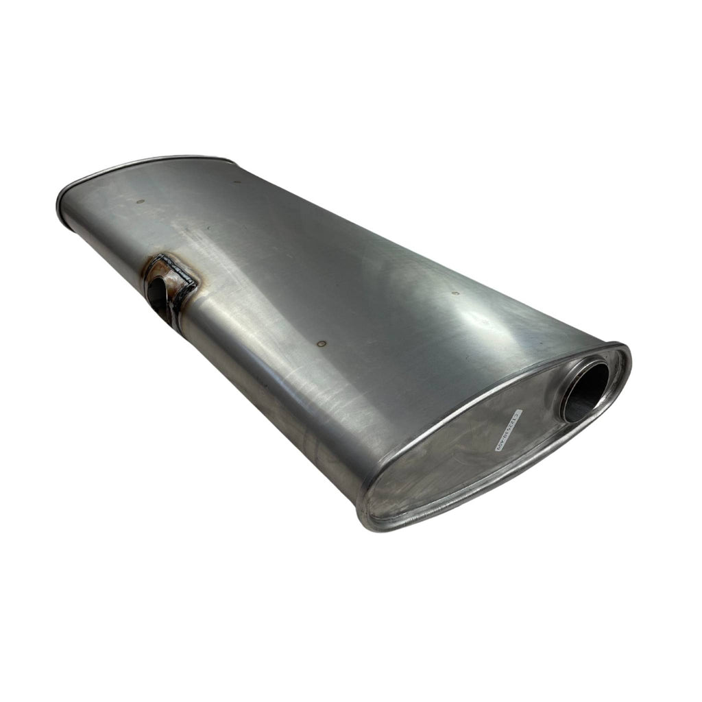 Centre Inlet Muffler  2.25" 12" x 4" , Twin Outlet  30" Long, 409 Stainless Steel, East-West Muffler