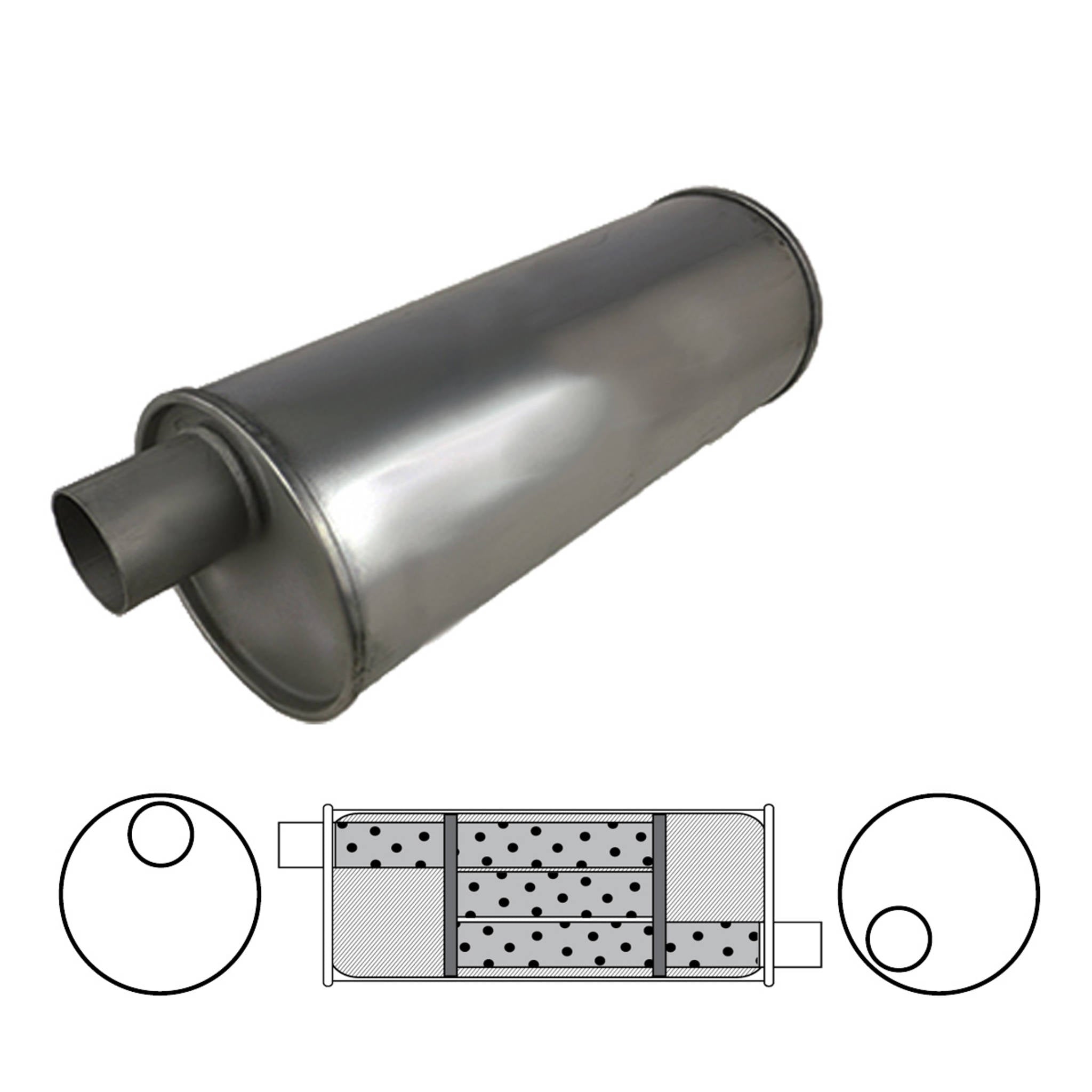 6" Round, 20" Long, 1 3/4", O/O  Muffler , T Flow, Mild