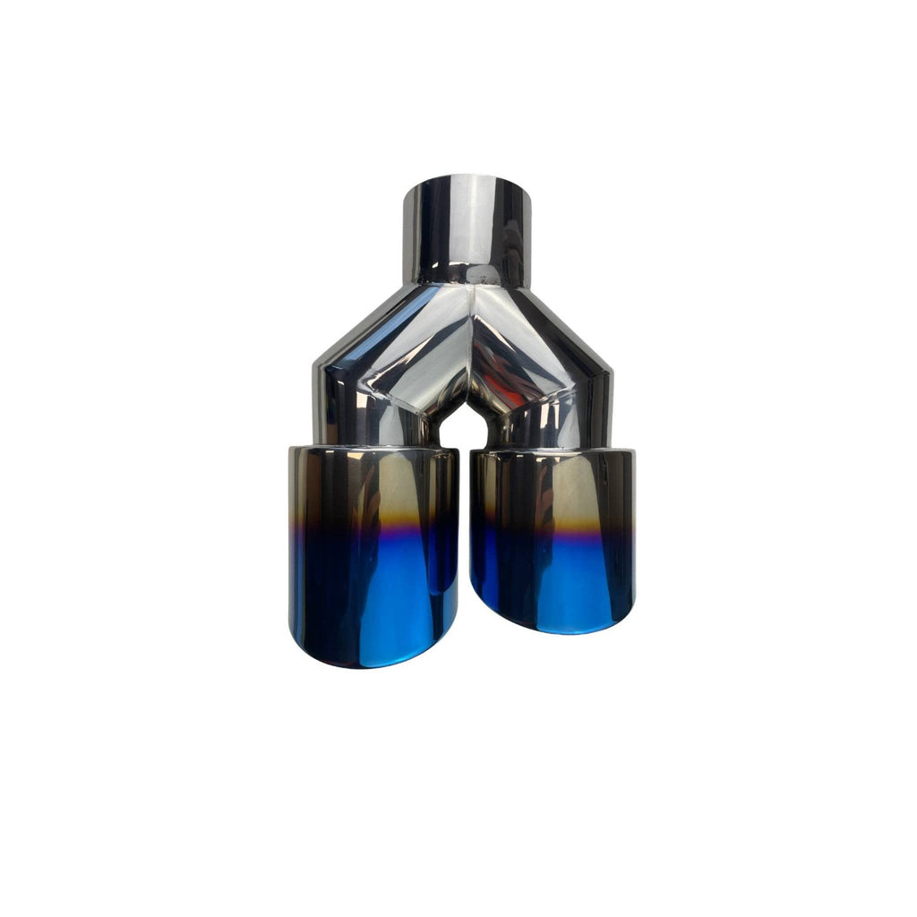 Dual 4" Y Piece Exhaust Tip Right Hand Titanium Blue Finish 3" Inlet