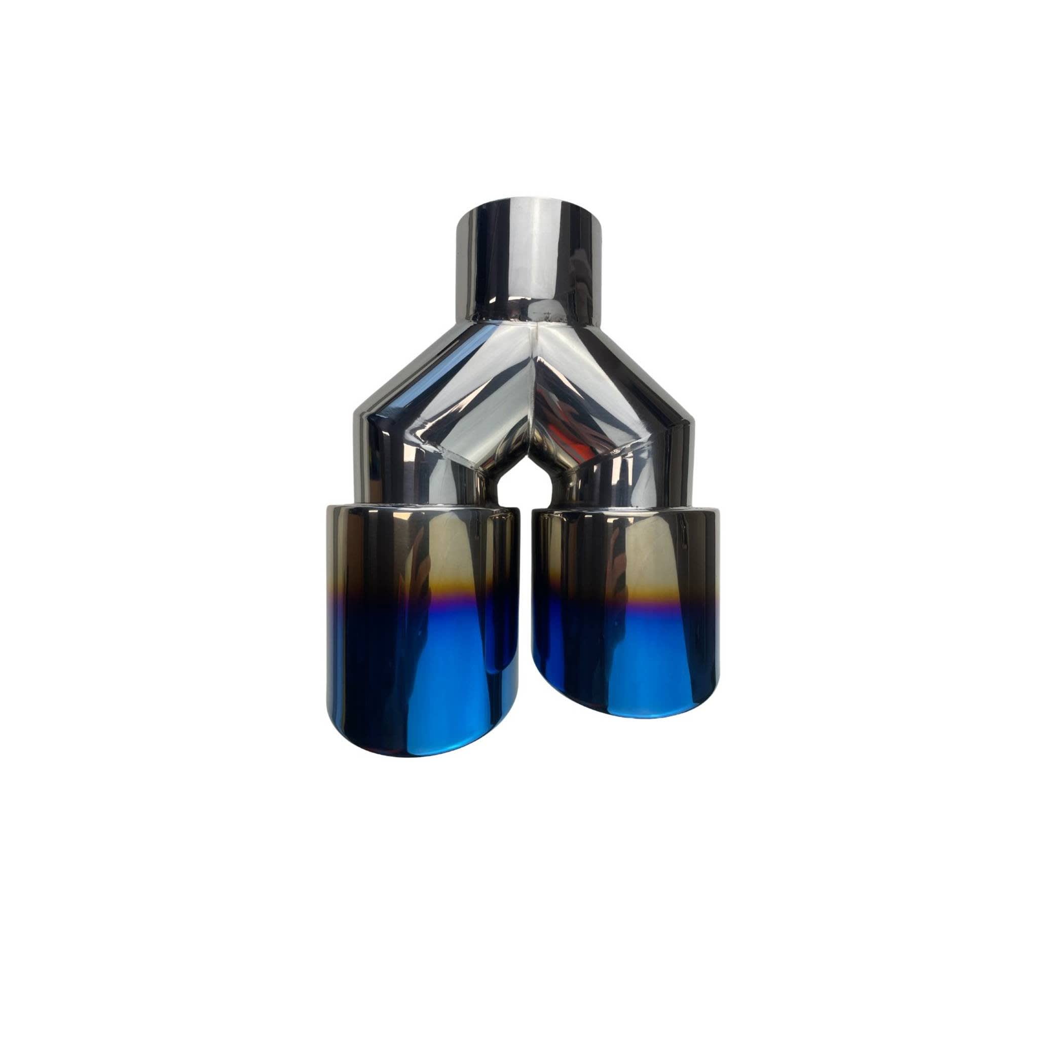 Dual 4" Y Piece Exhaust Tip Right Hand Titanium Blue Finish 3" Inlet