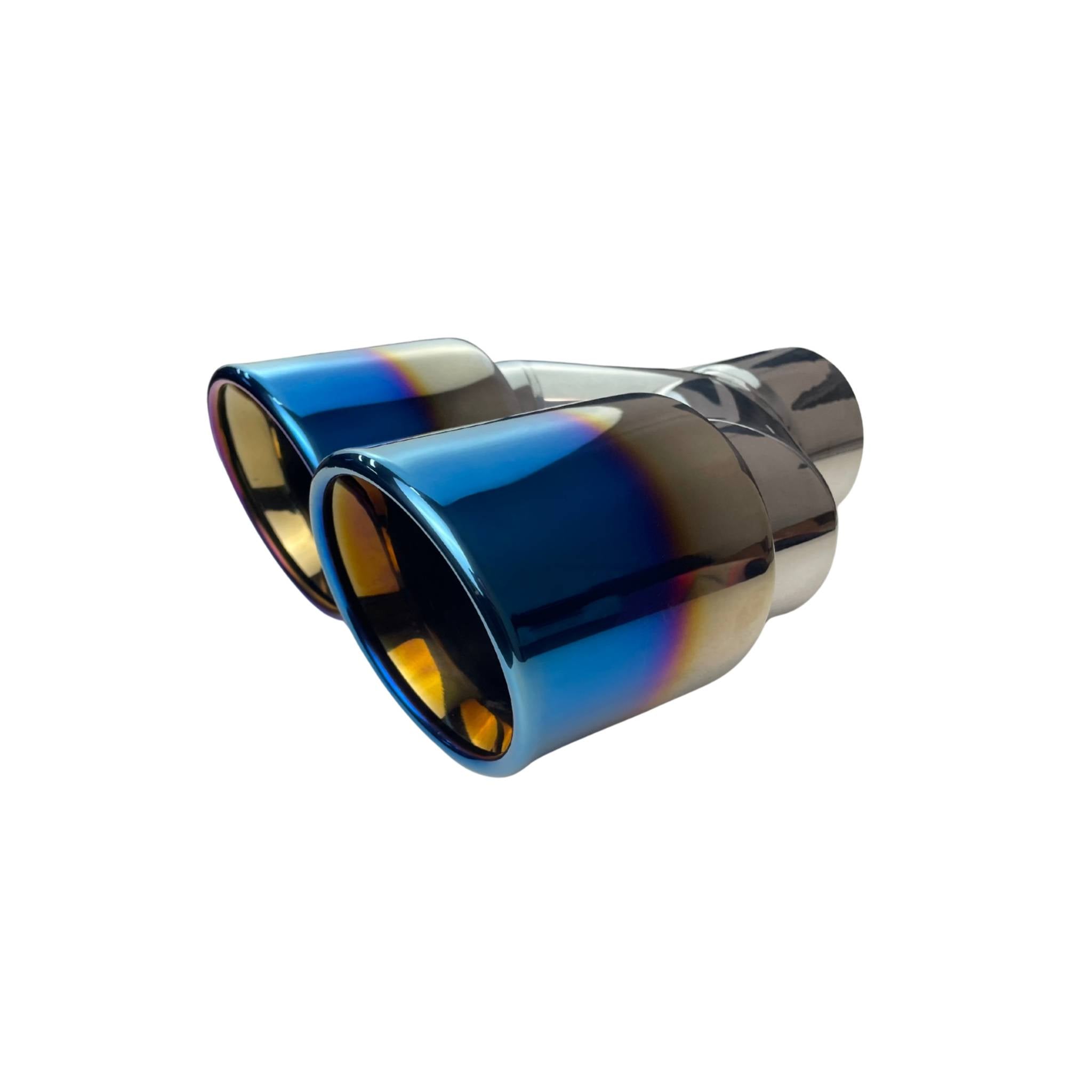 Dual 4" Y Piece Exhaust Tip Left Hand Titanium Blue Finish 3" Inlet
