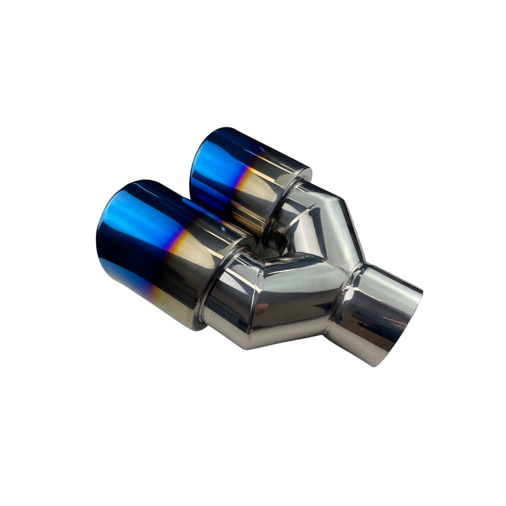 Dual 4" Y Piece Exhaust Tip Left Hand Titanium Blue Finish 3" Inlet