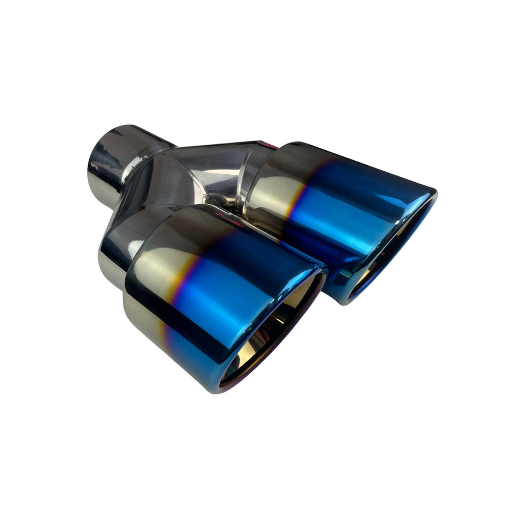 Dual 4" Y Piece Exhaust Tip Left Hand Titanium Blue Finish 3" Inlet