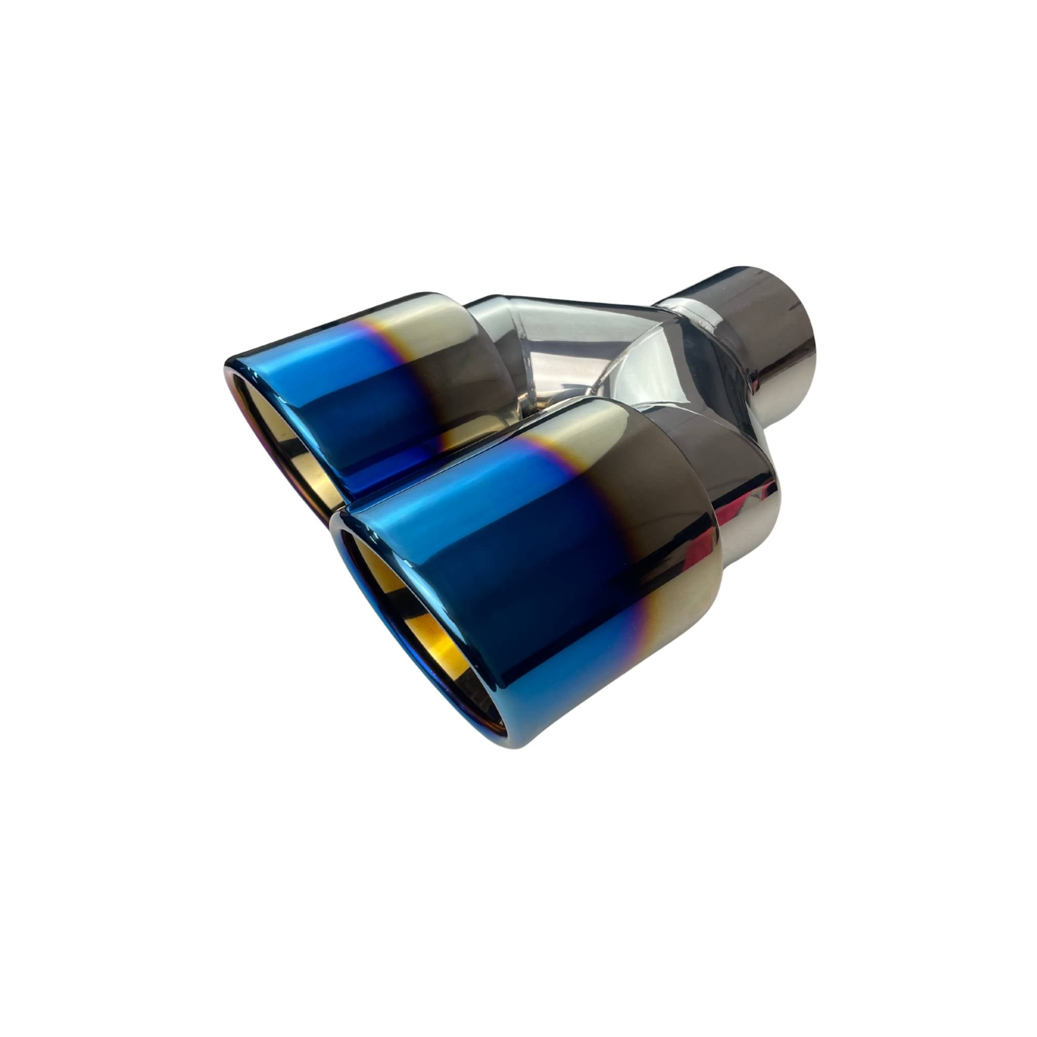 Dual 4" Y Piece Exhaust Tip Left Hand Titanium Blue Finish 3" Inlet