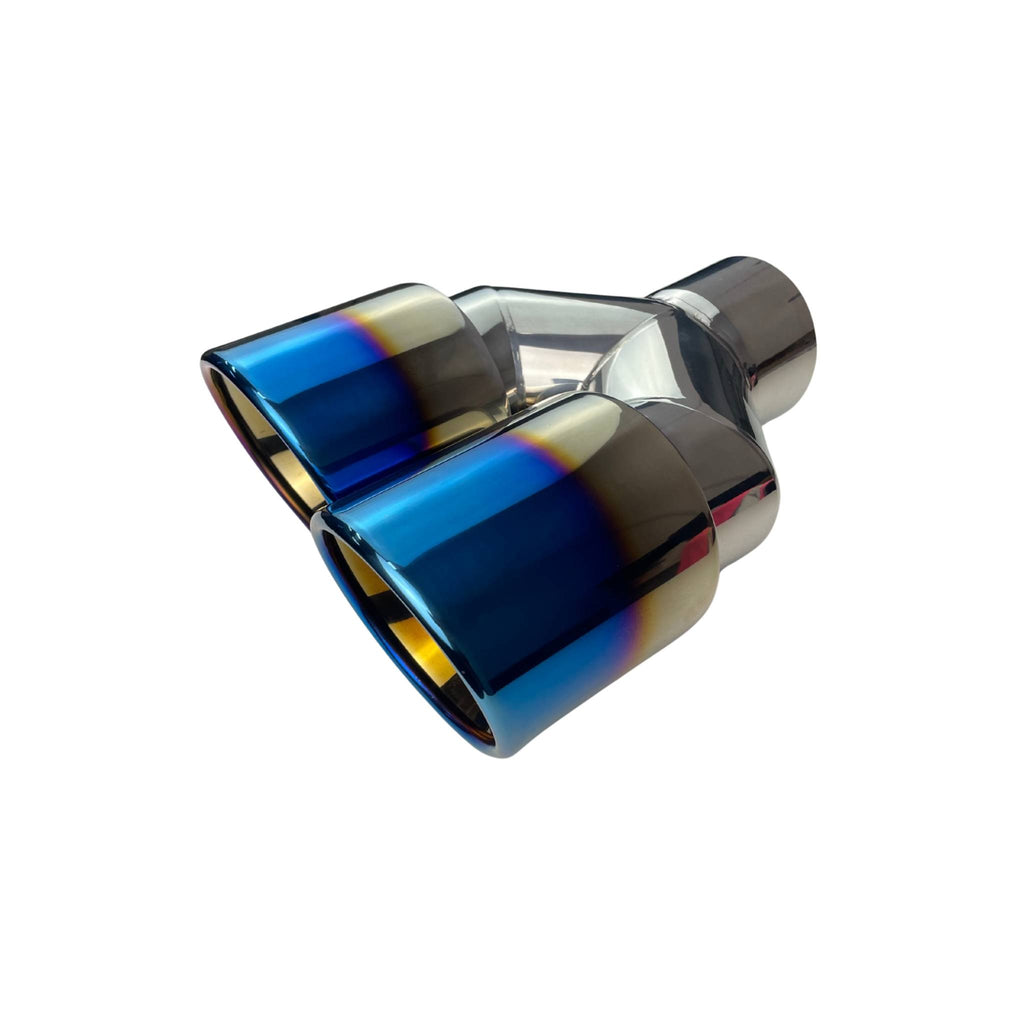 Dual 4" Y Piece Exhaust Tip Left Hand Titanium Blue Finish 3" Inlet