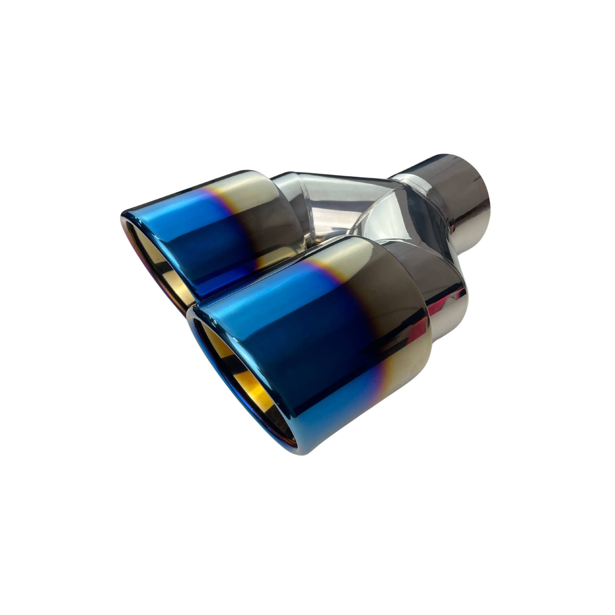 Dual 4" Y Piece Exhaust Tip Left Hand Titanium Blue Finish 3" Inlet