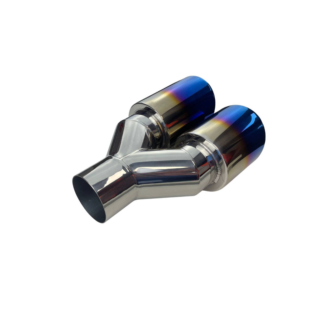 Dual 3.5" Y Piece Exhaust Tip Left Hand Titanium Blue Finish 2.5" Inlet