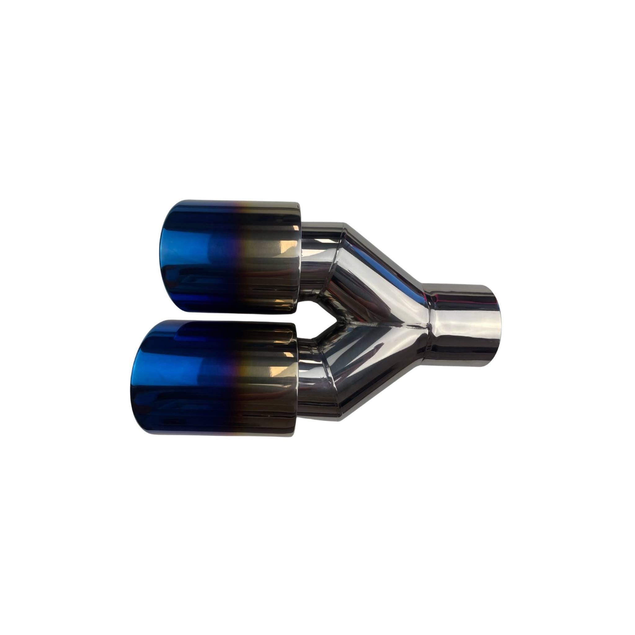Dual 3.5" Y Piece Exhaust Tip Left Hand Titanium Blue Finish 2.5" Inlet