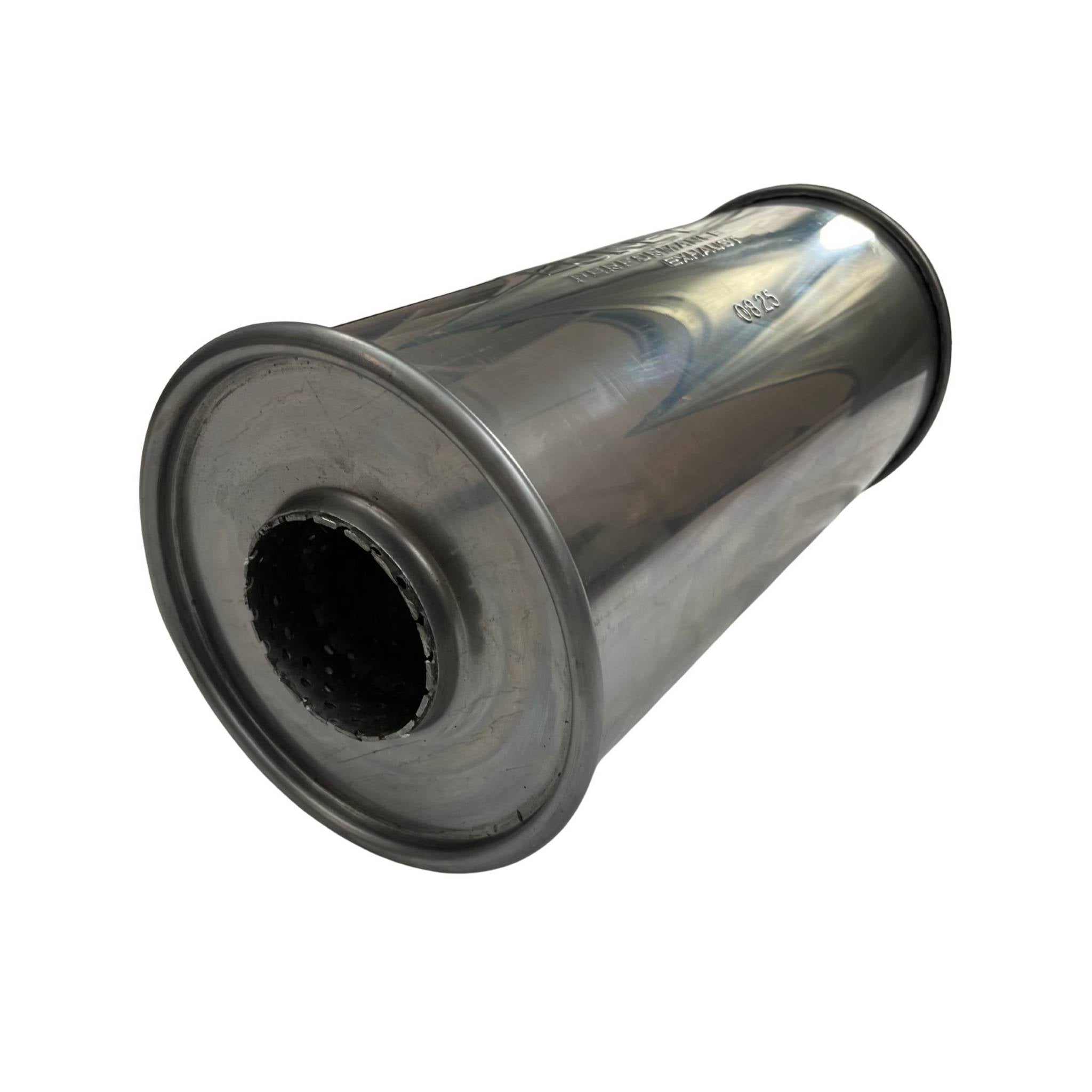 2.5" Inlet 6" Round 14" Long C/C Megaflow Lukey Muffler 430 Stainless Steel