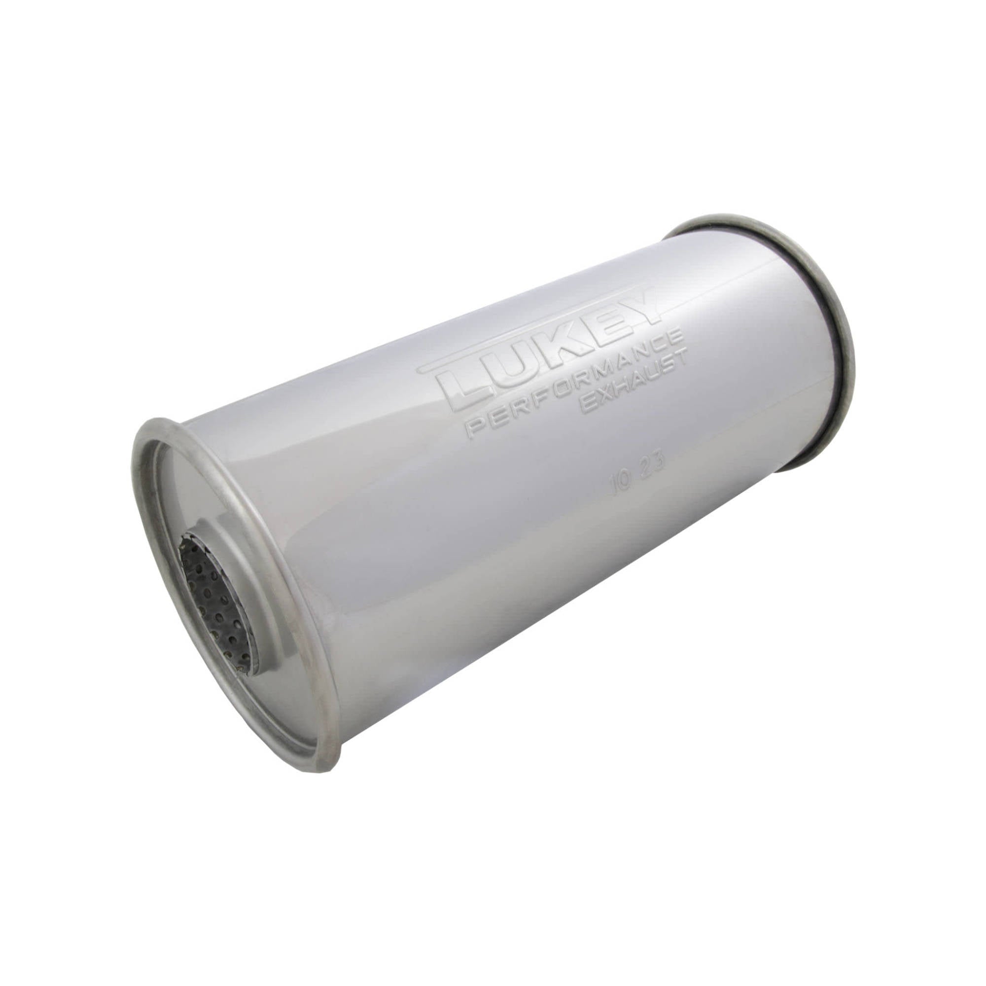 2.5" Inlet 5" Round 12" Long Megaflow Lukey Muffler 430 Stainless Steel
