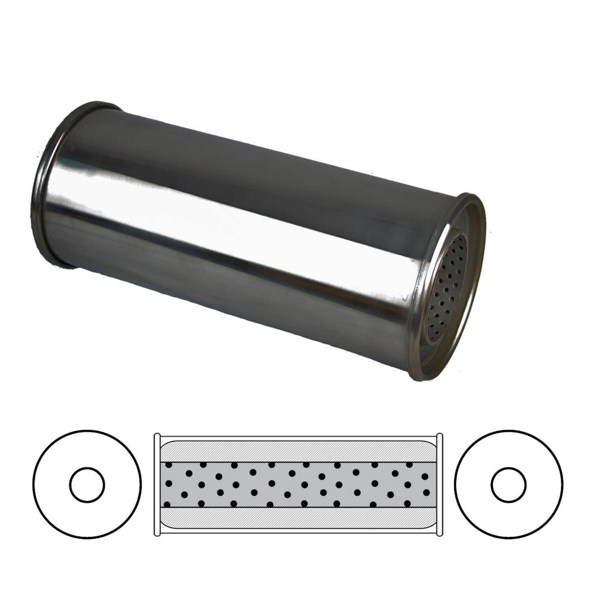 Redback Resonator 5" Round 3" Inlet 12" Long 304 Polished Stainless