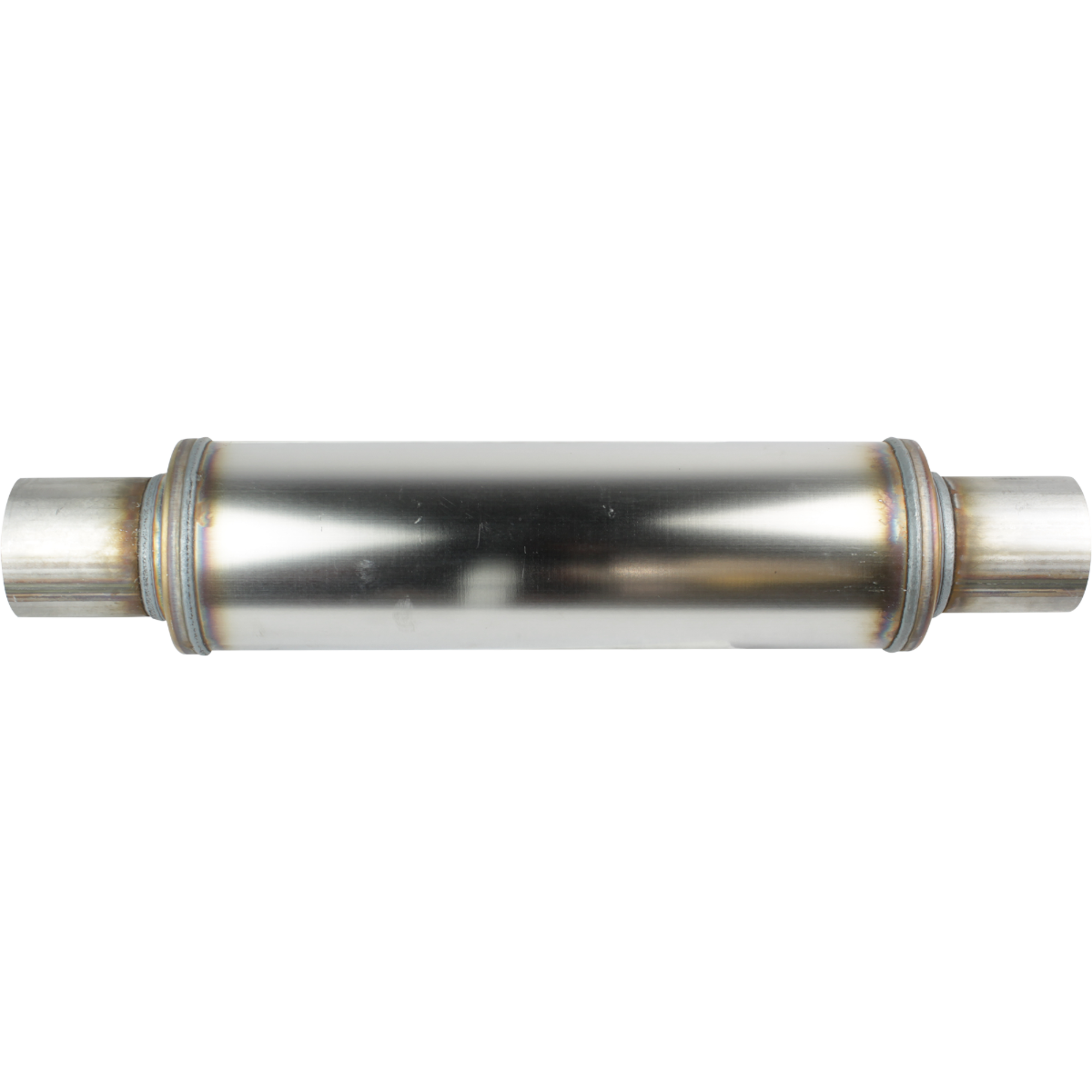 4" Round, 14" Long, 2 1/2", C/C, Mega Power, 409 Stainless