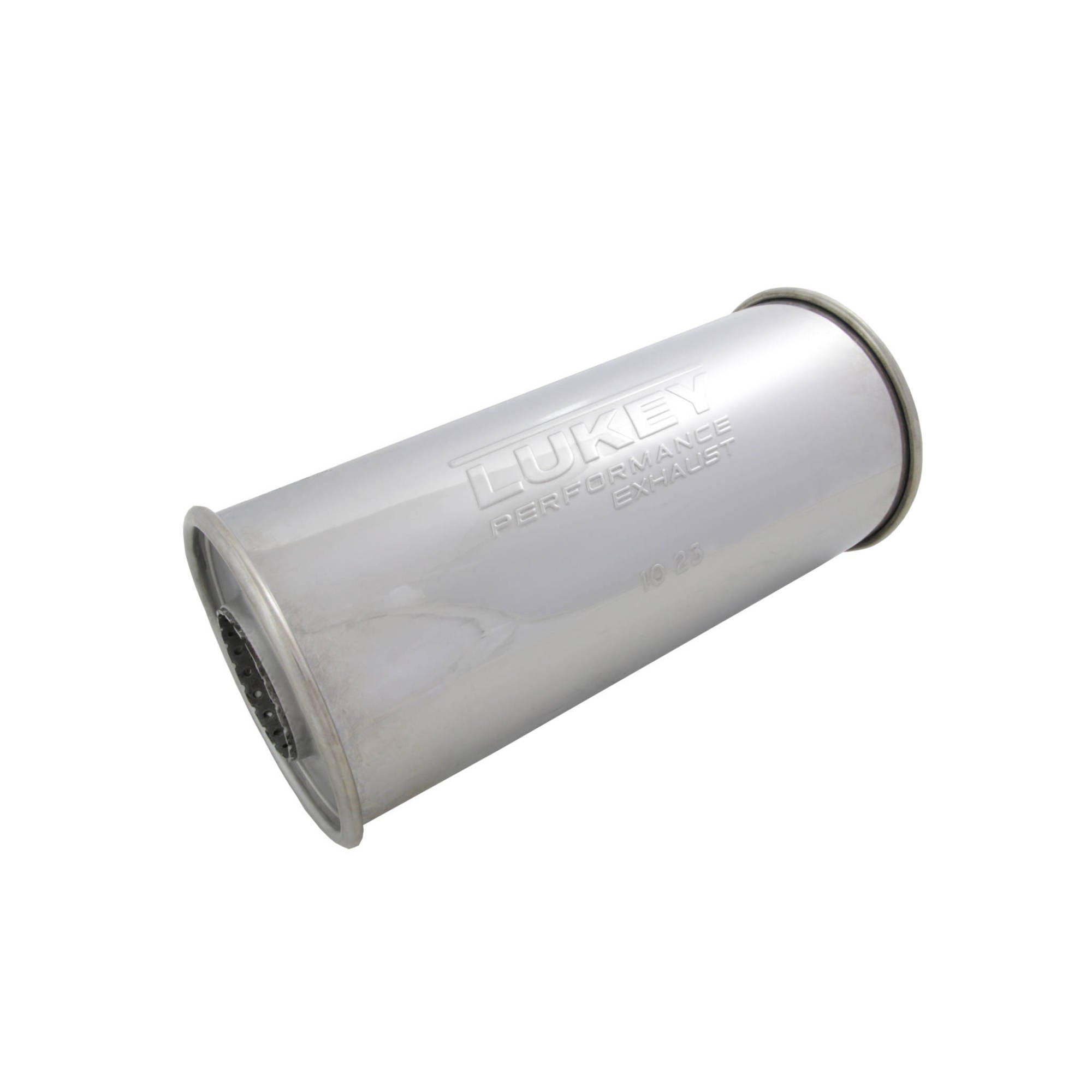 2.25" Inlet 5" Round 12" Long Megaflow Lukey Muffler 430 Stainless Steel