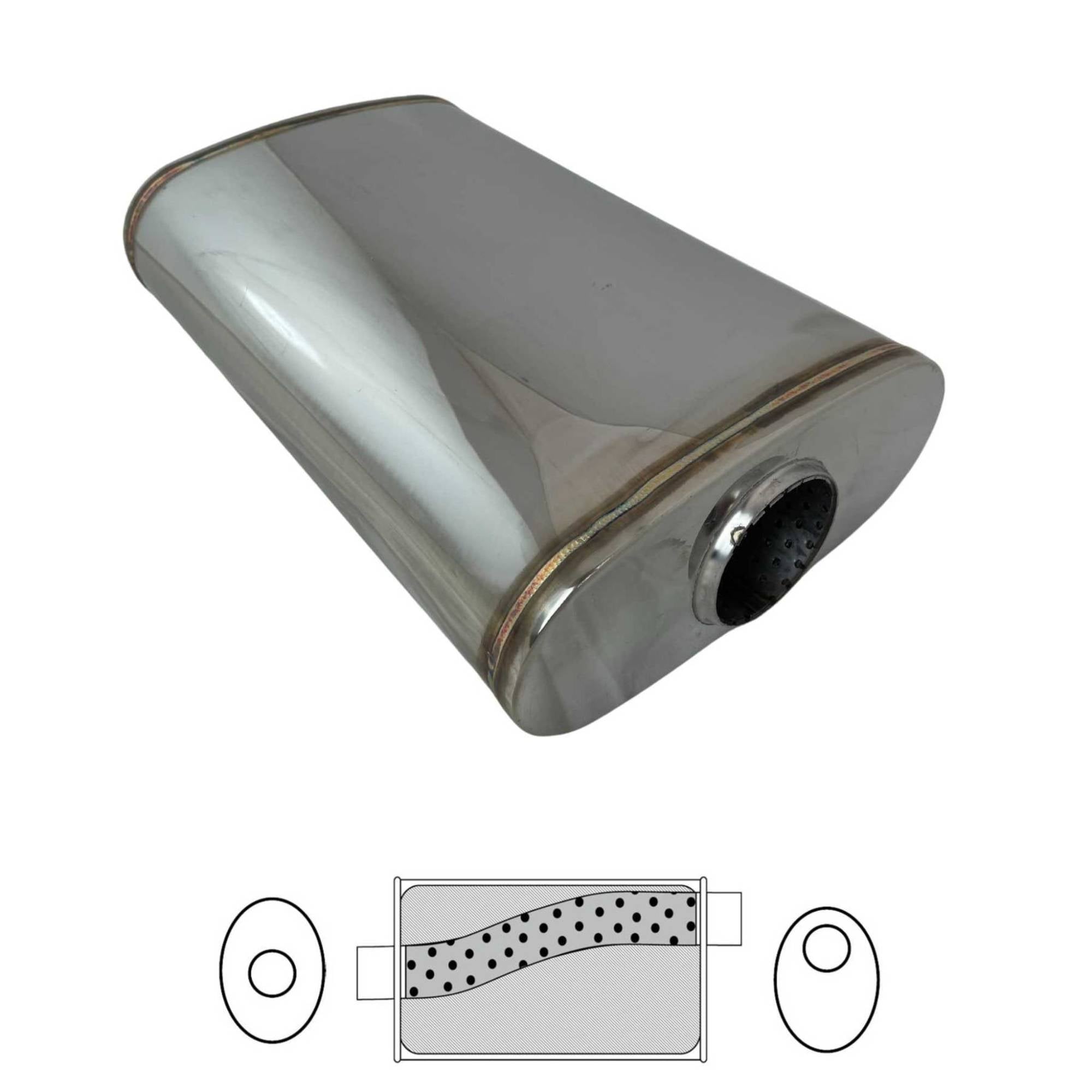 2 1/2" Megaflow Muffler in 304 Stainless Steel - 9 x 4" Oval, 14" Long, Offset/Centre
