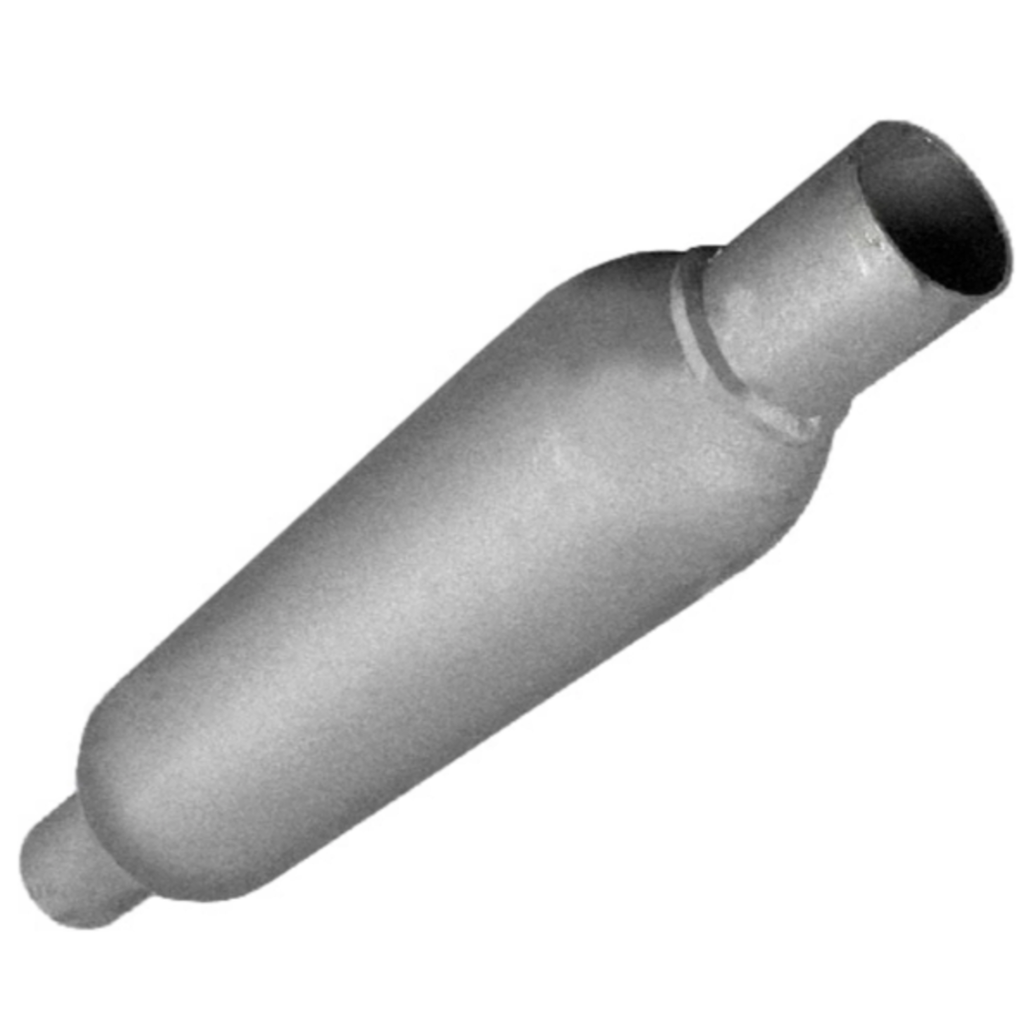 Hotdog Resonator 4" Round, 12" Long, 3", C/C, Spiral Louvered With Spigots, Mild