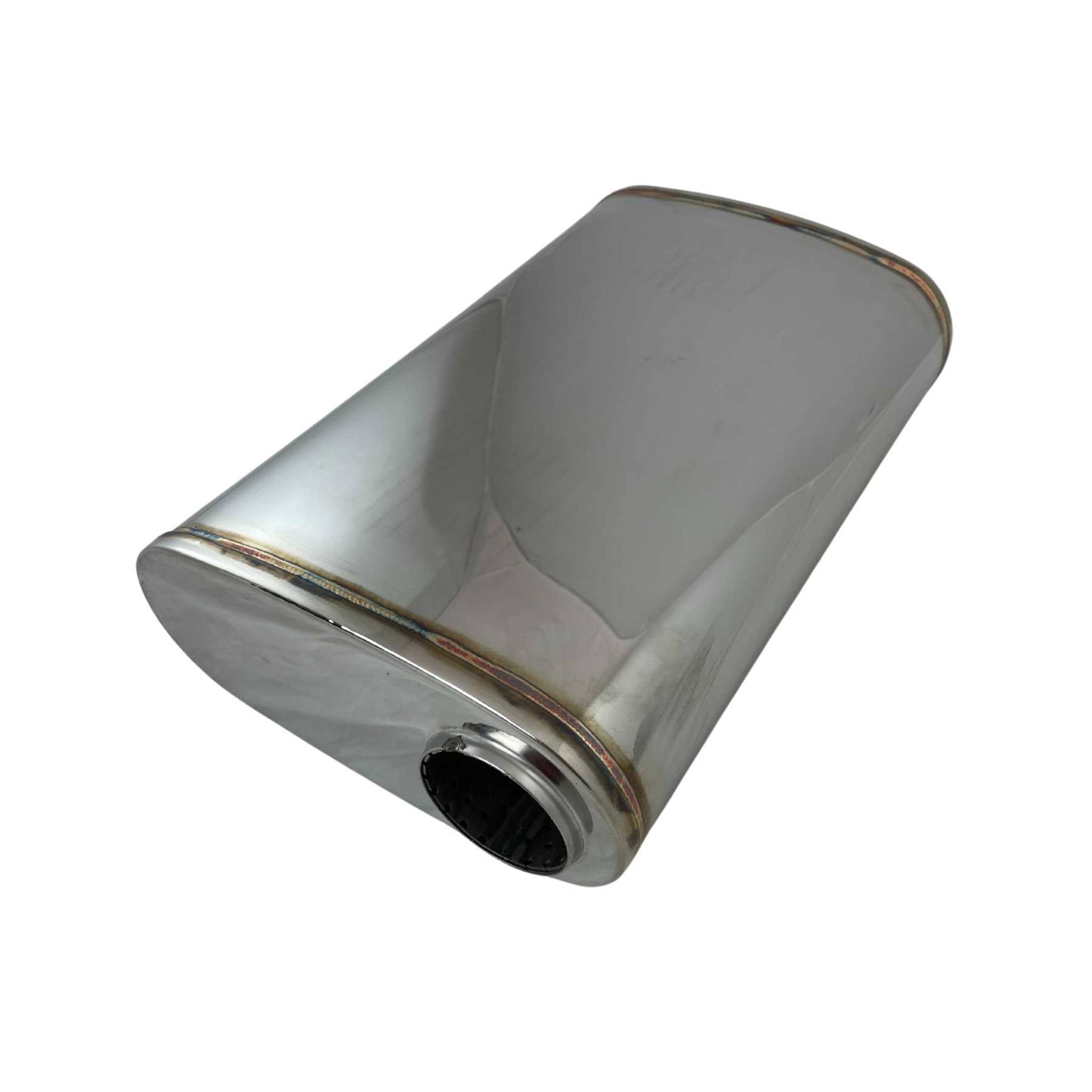 2 1/4" Megaflow Muffler in 304 Stainless Steel - 9 x 4" Oval, 14" Long, Offset/Centre