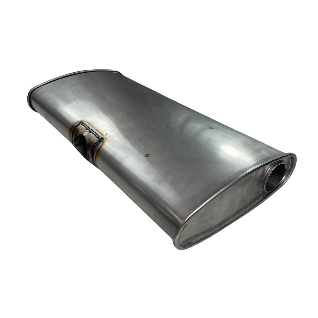 Centre Inlet Muffler  2.25" 12" x 4" , Twin Outlet  24" Long, 409 Stainless Steel, East-West Muffler