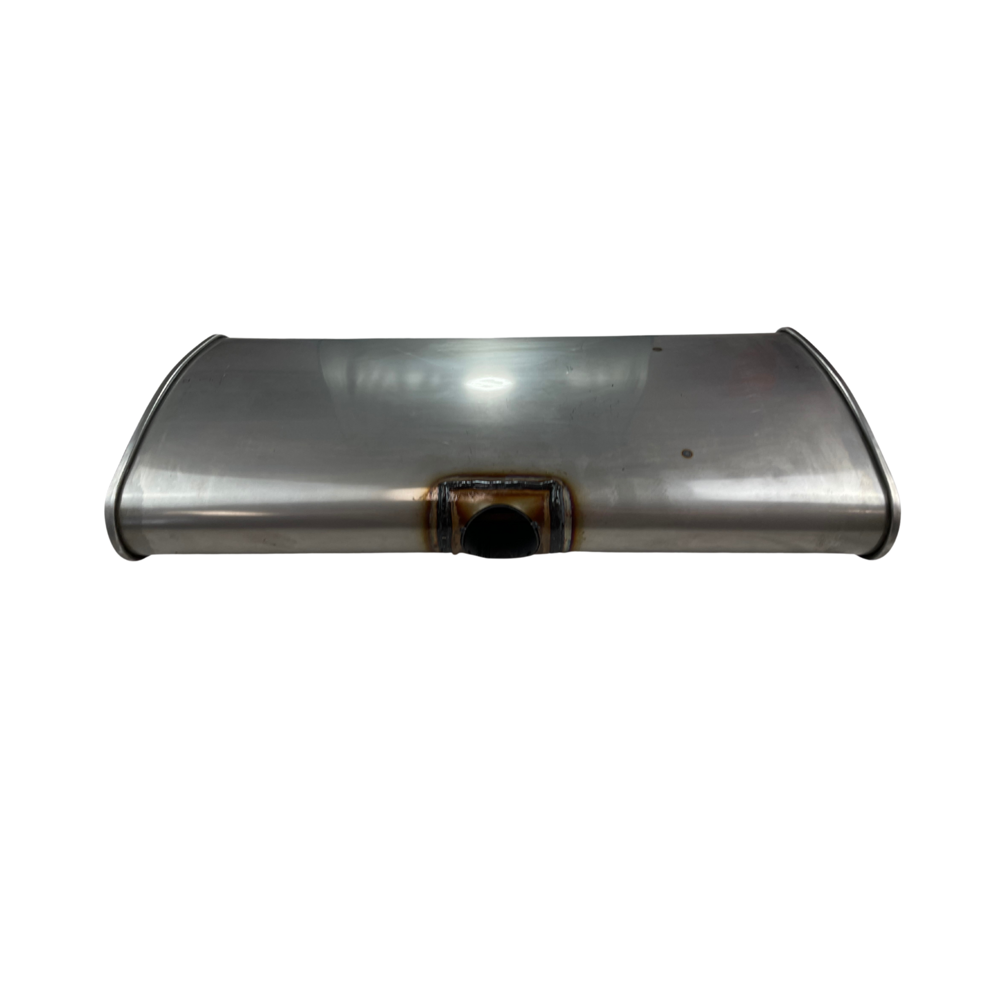 Centre Inlet Muffler  2.25" 12" x 4" , Twin Outlet  24" Long, 409 Stainless Steel, East-West Muffler