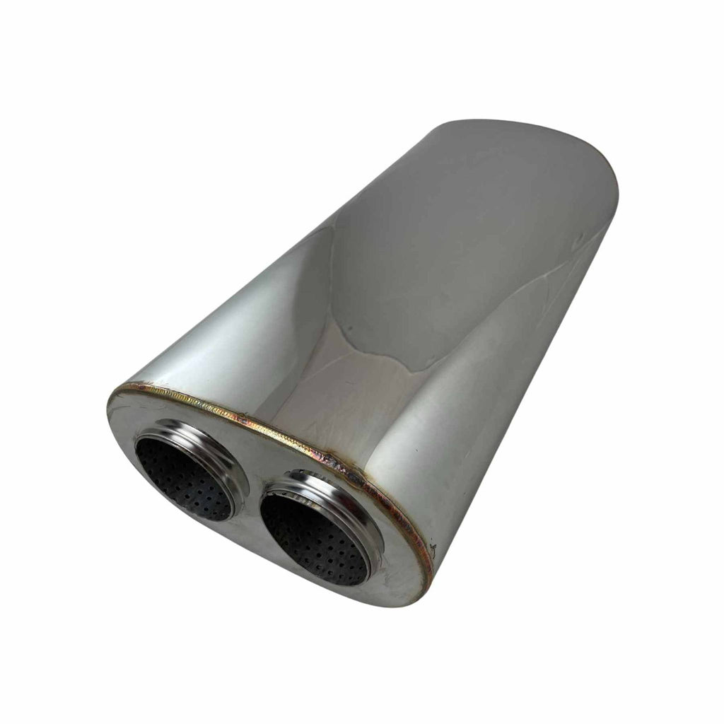 3.5" Inlet Twin 3" Outlet Stainless Performance Oval Muffler - 10" x 6" Barrel, 20" Long