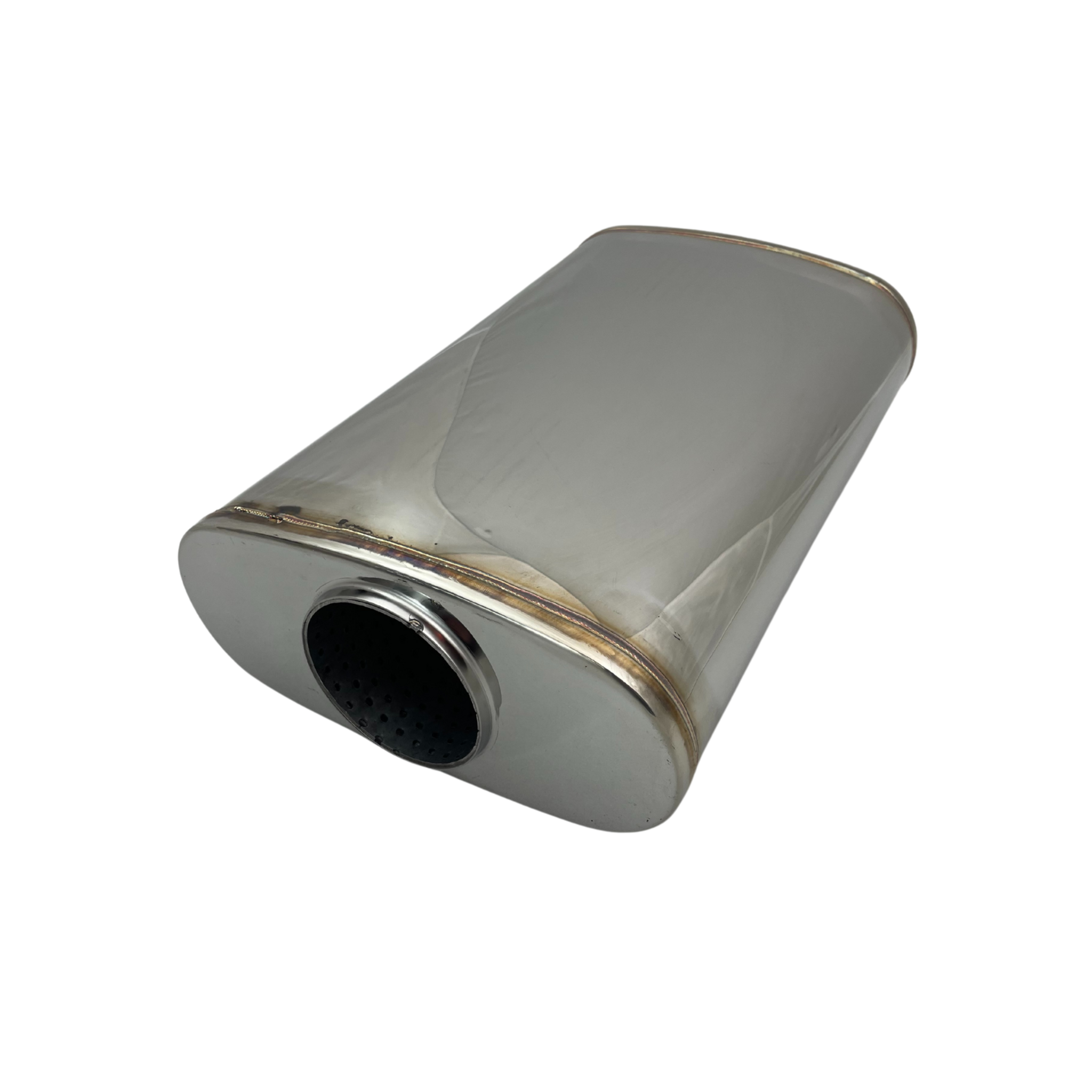 3" Stainless Steel Polished Performance Exhaust Muffler - 9 x 4" Oval, 14" Long, Offset/Centre
